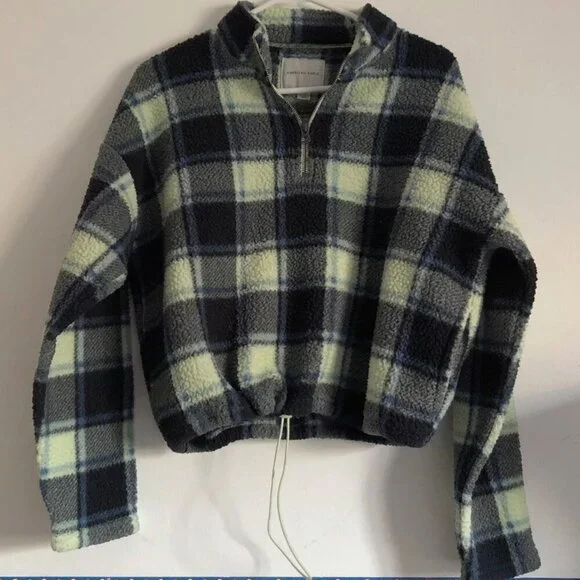 🦋 American Eagle Blue Green Plaid Quarter Zip Teddy Sherpa Pullover Jacket 🦋 - Picture 3 of 6